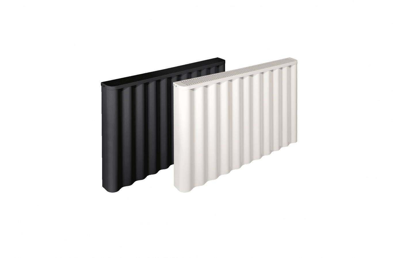 Moderne Fischer Tide Elektroheizung in Weiß und Schwarz, freistehend mit wellenförmigem Design, isoliert auf transparentem Hintergrund.